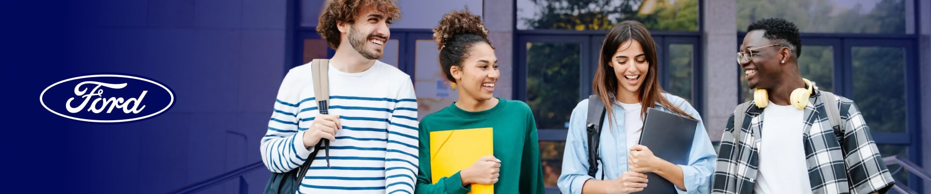 A group of college studends walking on a campus with a blue gradient and the Ford logo shown.