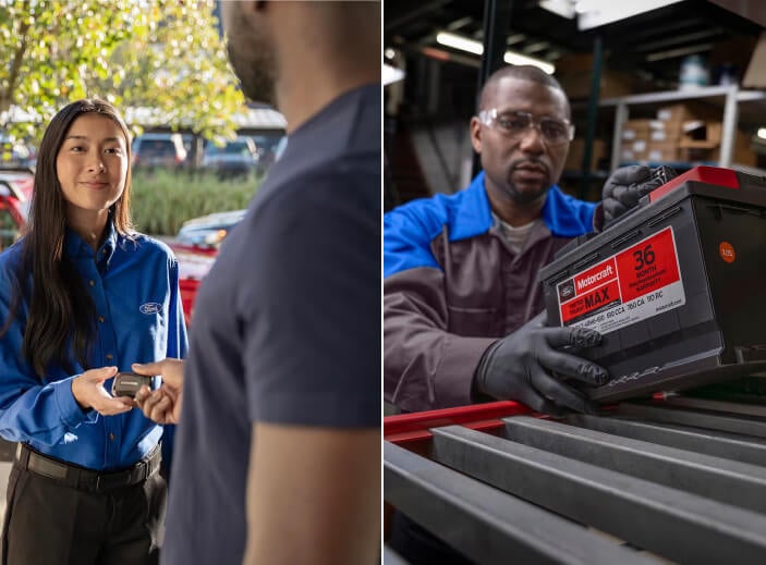 Left: Ford advisor hands keys to a customer. Right: Ford technician Picking up a Motorcraft battery for installation.