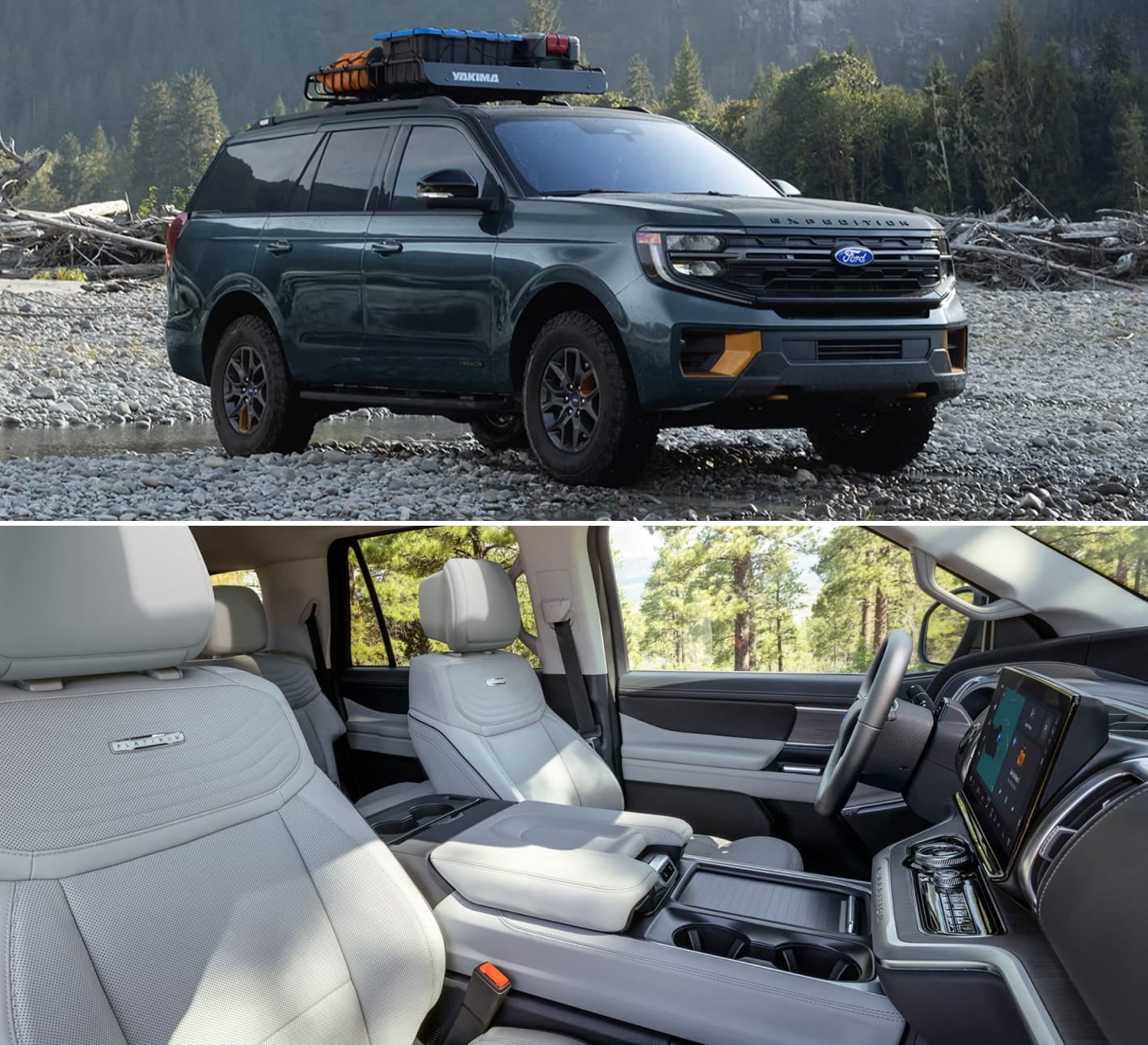 Split image showing a Ford Expedition SUV parked on a rocky riverbed with a roof cargo rack, and a view of the premium front cabin featuring light-colored leather seats, a center console, and a large infotainment display.