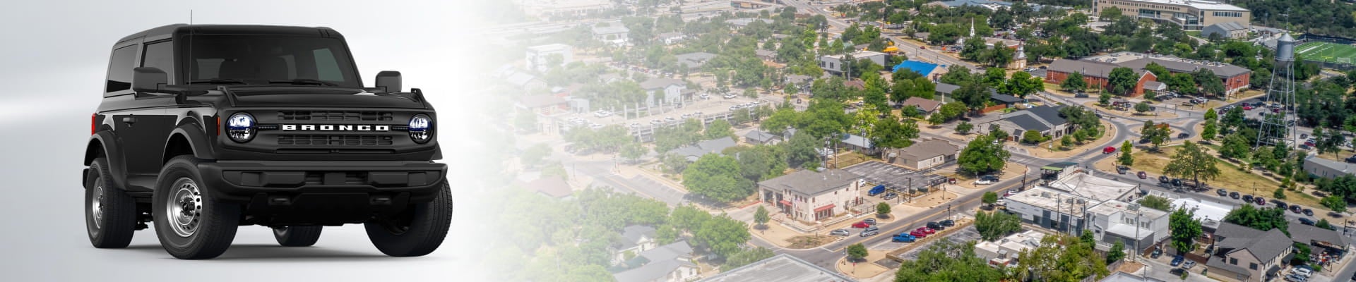 Black Ford Bronco shown beside an aerial view of a suburban city area.